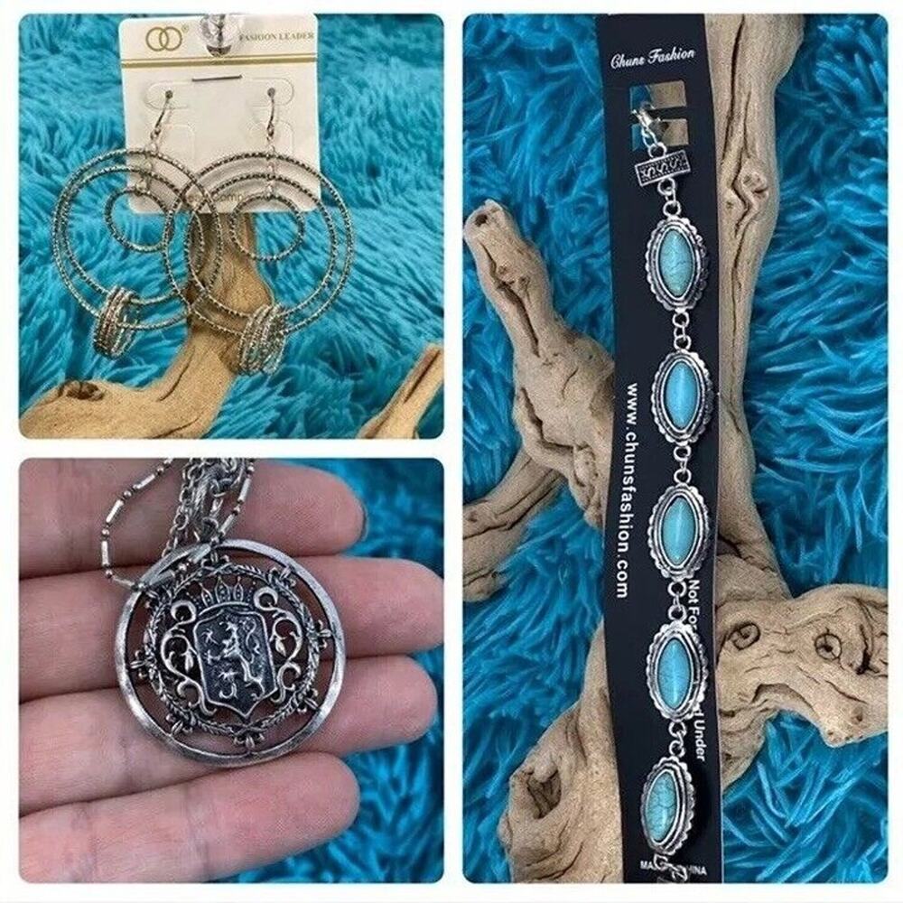 3 piece Jewelry Set turquoise Silver bracelet, layer Crest necklace & earring.